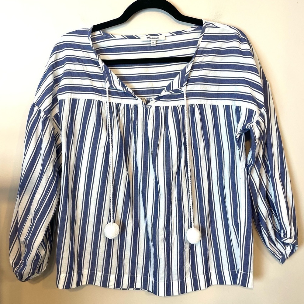 Madewell | Women’s Striped Balloon Sleeve Tassle Blouse Cotton Size XS